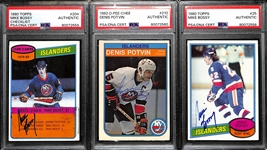 Lot of (3) PSA/DNA Authentic New York Islanders Autograph Cards - 1980-81 Topps Mike Bossy Checklist, 1982-83 O-Pee-Chee Dennis Potvin, 1980-81 Topps Mike Bossy
